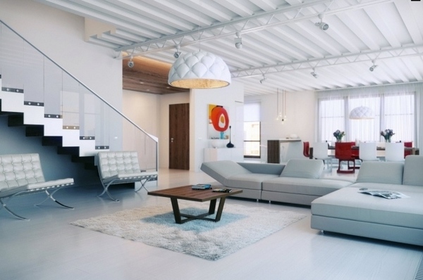 loft interior design modern furniture white floor low coffee table