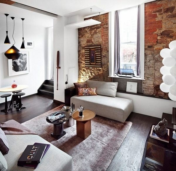 living room interior modern furniture unplastered brick wall pendant lighting