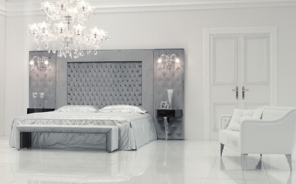 luxury white bedroom design-tall-headboard-ideas-gray-wall-sconces
