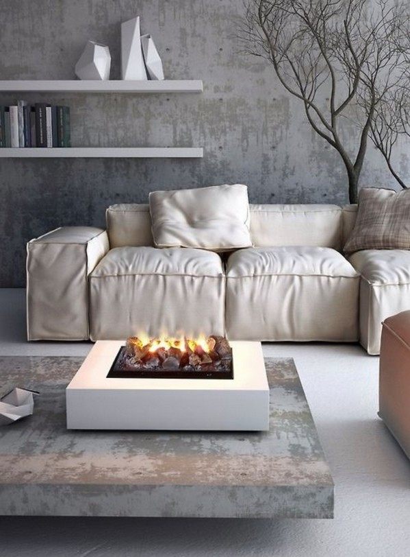  minimalist grey living room fire pit floating shelves