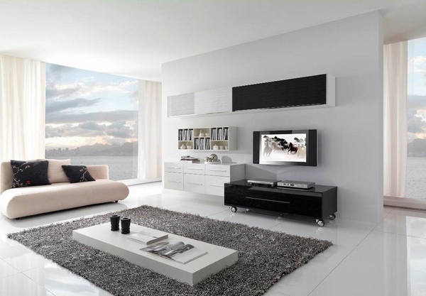 minimalist room interior cream couch white table black cabinets