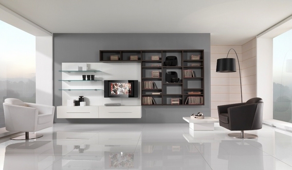 contemporary interior gloss floor finish black white furniture