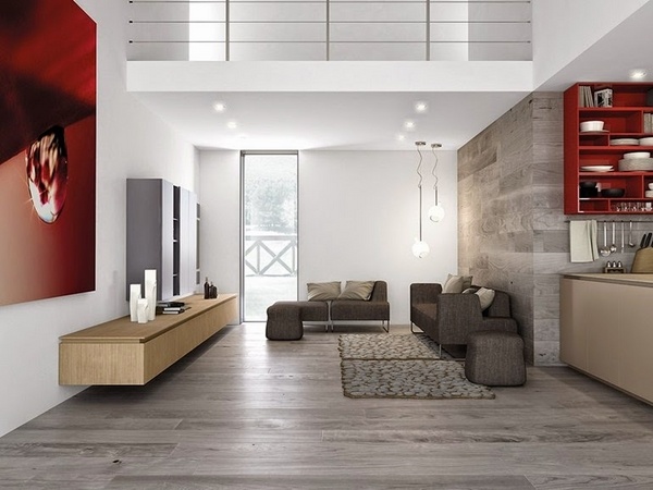 minimalist style interior red color accents