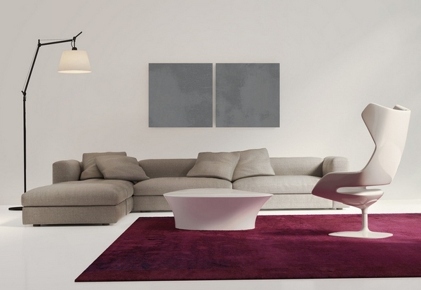 minimalist style decoration purple carpet gray wall painting modern armchair coffee table