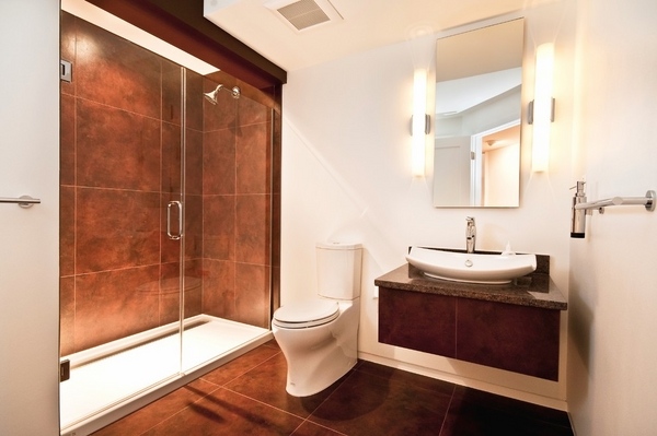 bathroom furniture walk in shower small vanity wall mirror modern sconces
