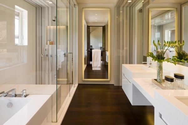 modern design wood floor white vanity walk in shower