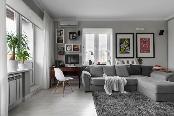 modern gray sofa and shaggy rug