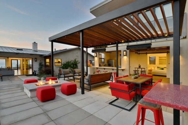 modern house exterior patio design red furniture