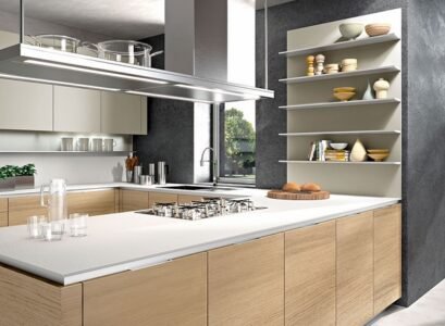 modern-kitchen-with-oak-finishes-white-countertops-gray-wall-color