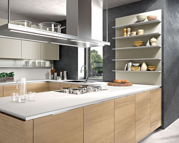 modern kitchen with oak finishes white countertops gray wall color