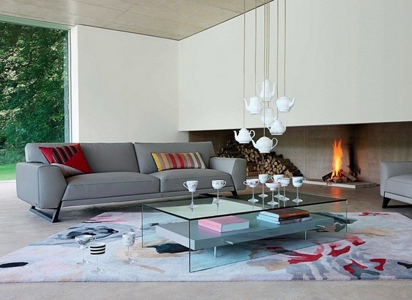 modern living room design white wall fireplace colorful carpet gray sofa