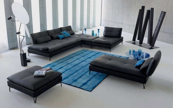modern living room furniture gray sofa daybed ottoman blue carpet