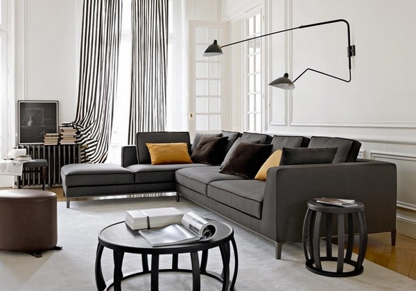 modern living room furniture gray sofa round coffee table black white curtains
