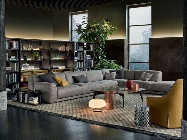 modern living room furniture ideas gray sofa coffee table decorative pillows black bookshelves