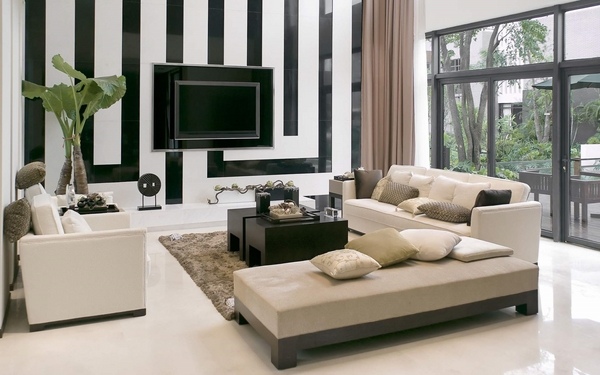 modern living room interior design black white accent wall beige sofa set 
