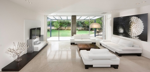 modern living room polished concrete floor white furniture 
