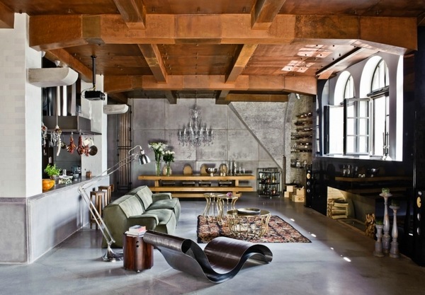 modern loft apartment decor ideas wood ceiling concrete walls 