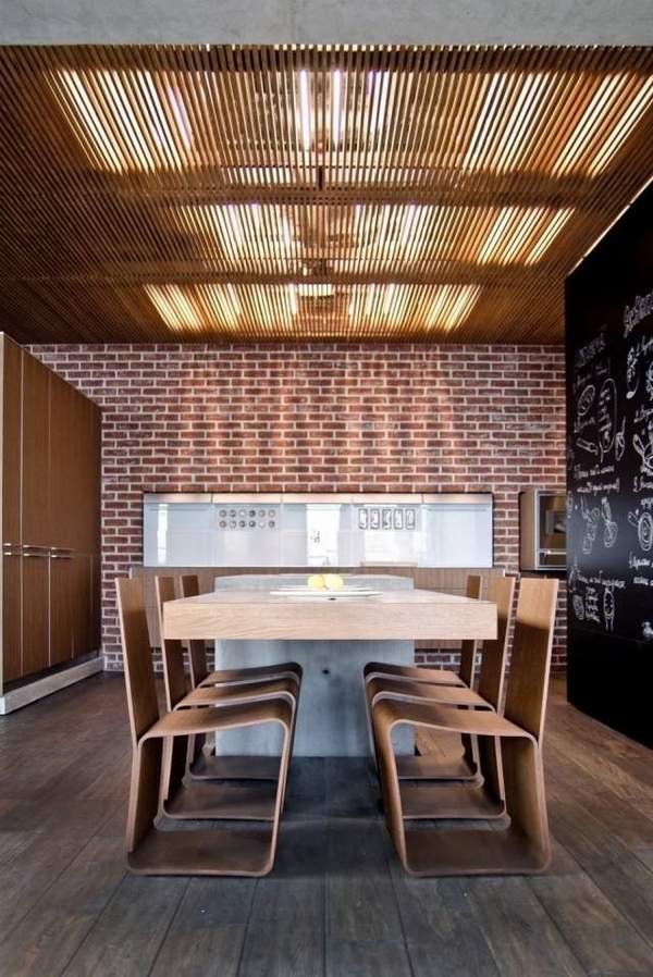modern loft decor ideas brick wall wooden dining furniture modern dining chairs