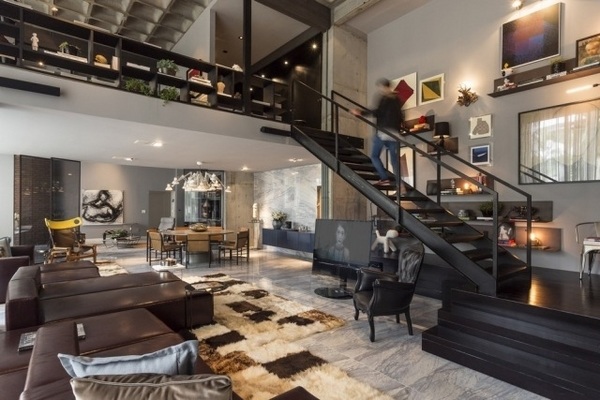 modern loft decor ideas open plan living room black staircase leather furniture