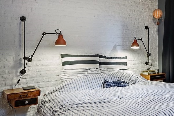 modern loft design bedroom interior brick wall white color 
