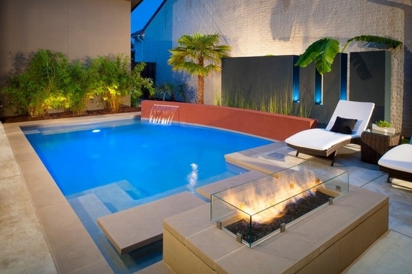 modern outdoor fireplace ideas Gas fireplace modern pool backyard landscape