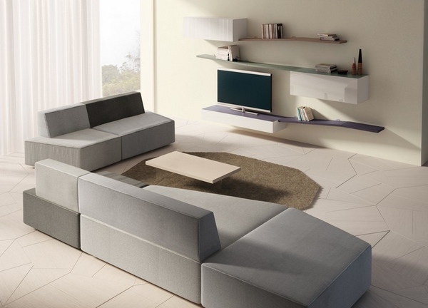 modern sectional sofa gray color media wall shelves