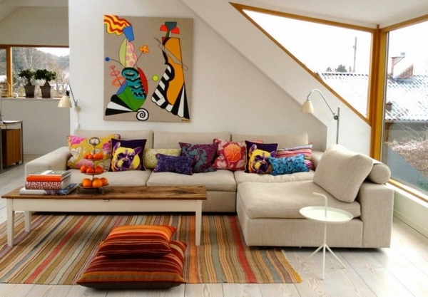 modern living room low sofa colorful carpet 