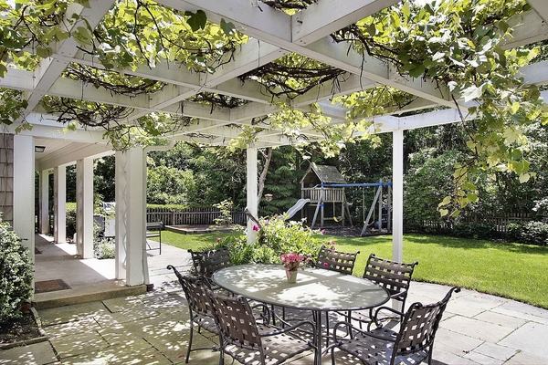 patio landscaping patio deck white wooden pergola grapevine arbot ideas 