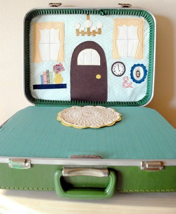 playroom dollhouse old suitcase doilies textile decoration