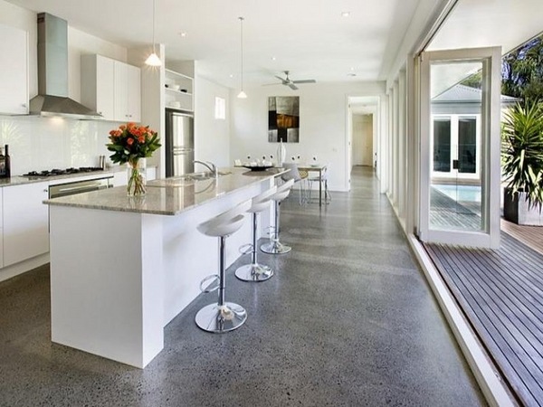 polished concrete floors modern white kitchen minimalist kitchen 