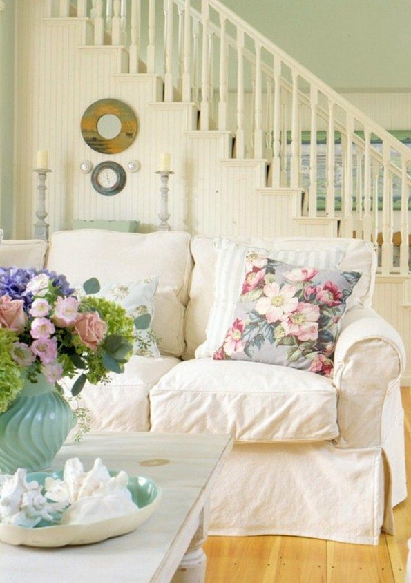 romantic design white sofa wood floor decorative pillows