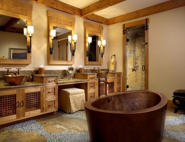 rustic bathroom decor furniture ideas copper bathtub wood vanity-cabinets
