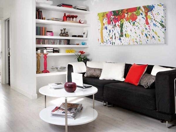 small apartment living room furniture ideas black sofa white coffee table white shelves