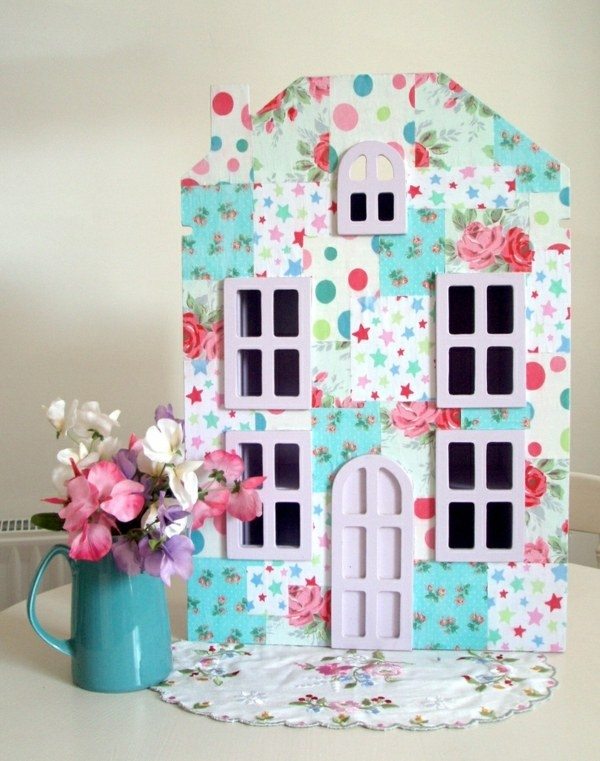 small dollhouse DIY ideas colorful wallpaper facade windows