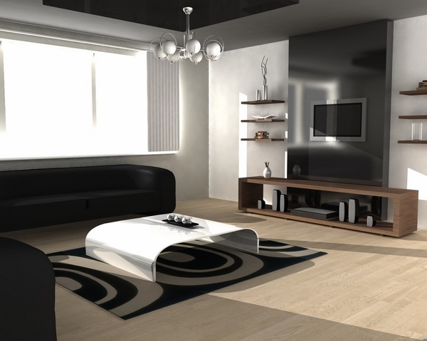  contemporary interior black sofa white coffee table 