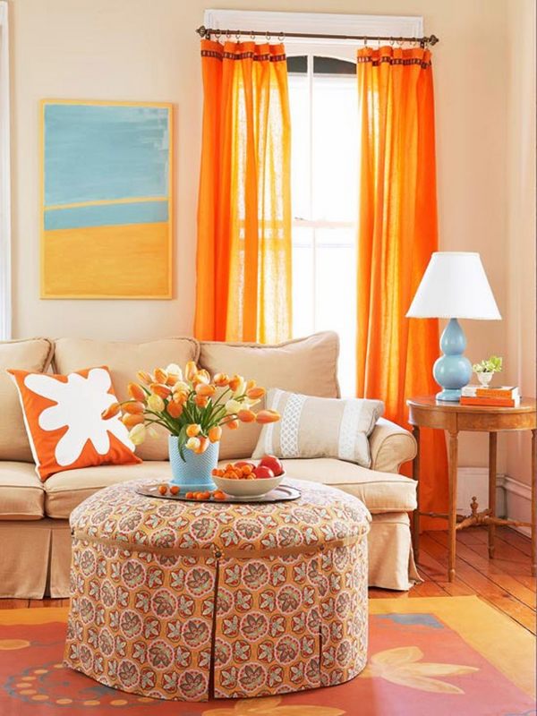 small living room furniture decoration ideas orange curtain pillow floral rug wooden floor 