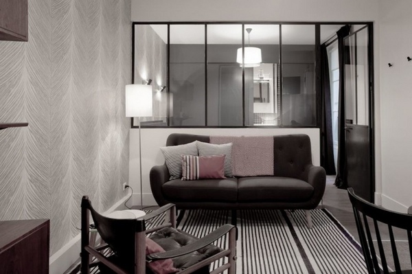 small interior design ideas small sofa mirror striped carpet