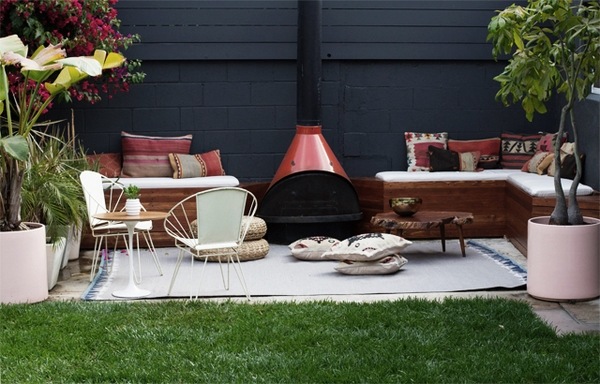 small patio ideas freestanding fireplace lounge built in benches