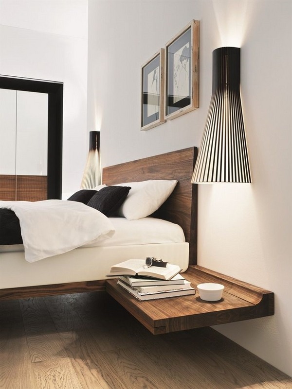 solid wood bed platform with floating-nightstands-modern-bedroom-sconces