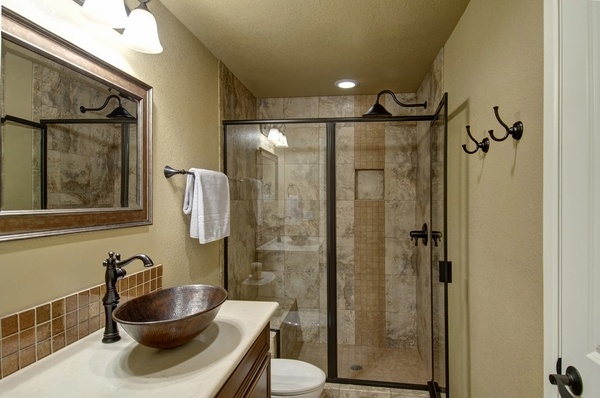 stylish basement bathroom ideas walk in shower vanity copper sink
