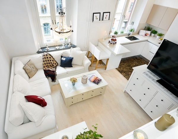 stylish studio apartment ideas white furniture living room kitchen area