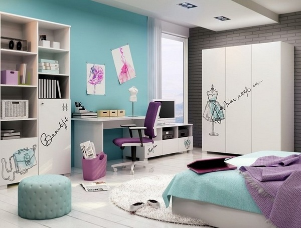 teen girl bedroom decor ideas turquoise walls white furniture purple accents fashion theme