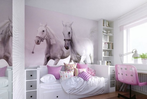 teen girl bedroom furniture ideas accent wall white horse pink accents bed storage space
