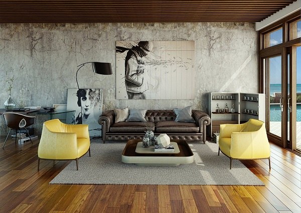 trendy leather sofa wall art yellow armchairs