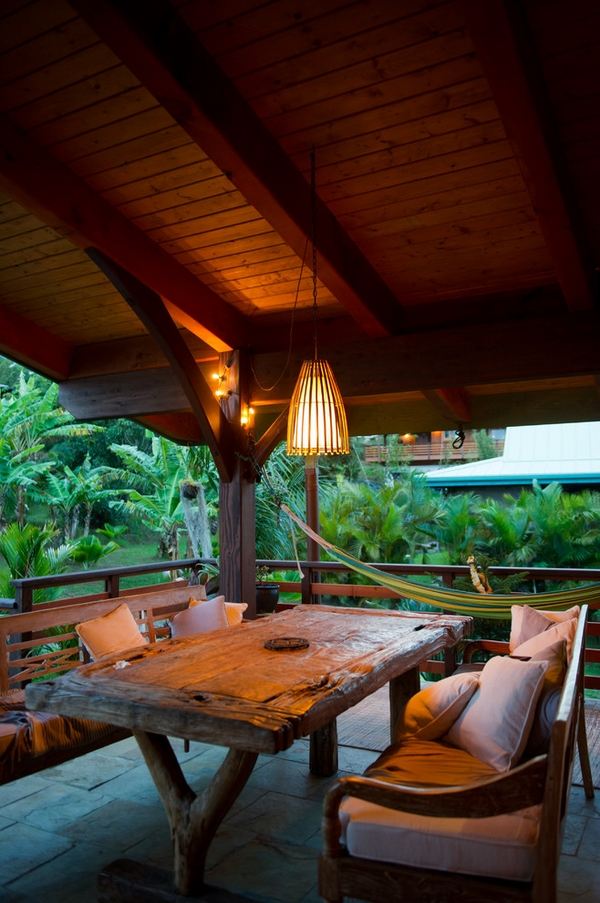 tropical lanai porch wood furniture hammock decorative pillows