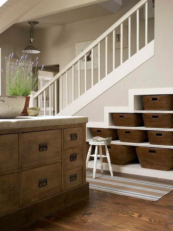 unique-under-stairs-storage-ideas-open shelves baskets kitchen ideas