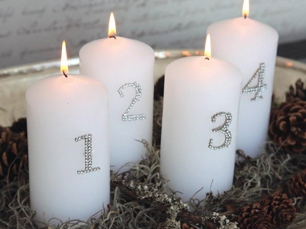 white advent candles diamond numbers DIY christmas decoration ideas