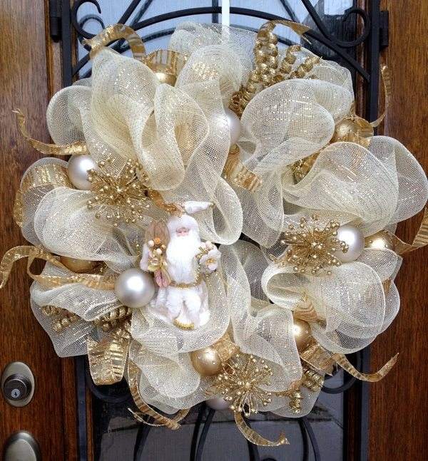 white gold wreath white christmas ornaments front door