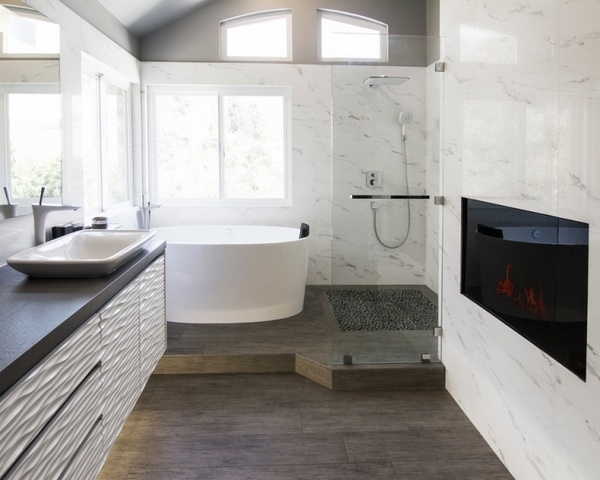bathroom modern fireplace freestanding bathtub