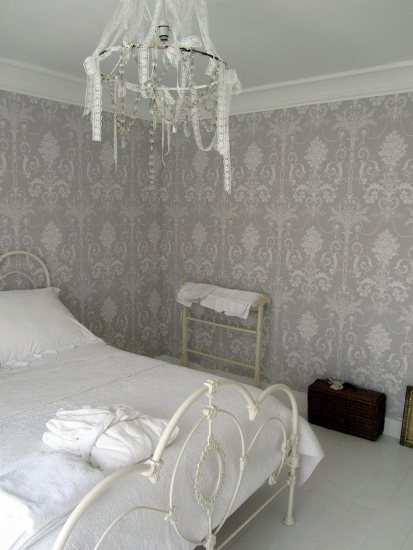 Laura Ashley wallpaper design bedroom gray white interior